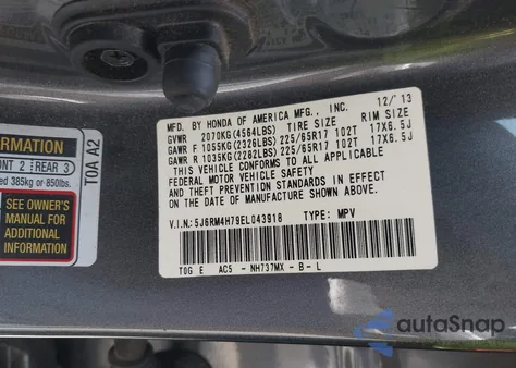 2014 Honda Cr-V Ex-L z USA, uszkodzony, nr VIN 5J6RM4H79EL043918